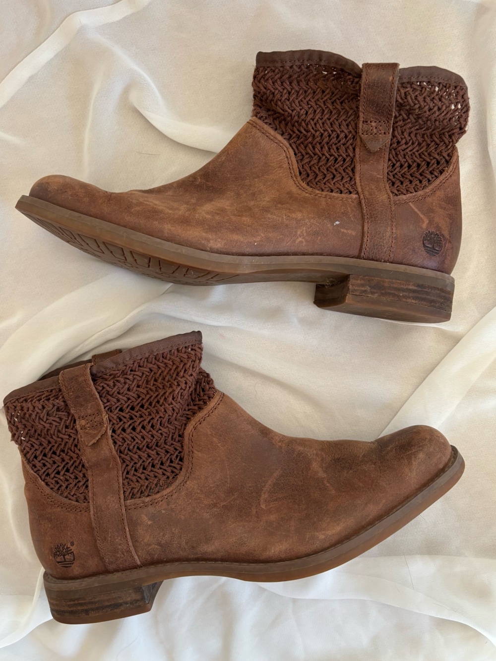 Timberland Brown Woven-Cuff Leather Ankle Savin Hill Boho Grunge Festival Boots